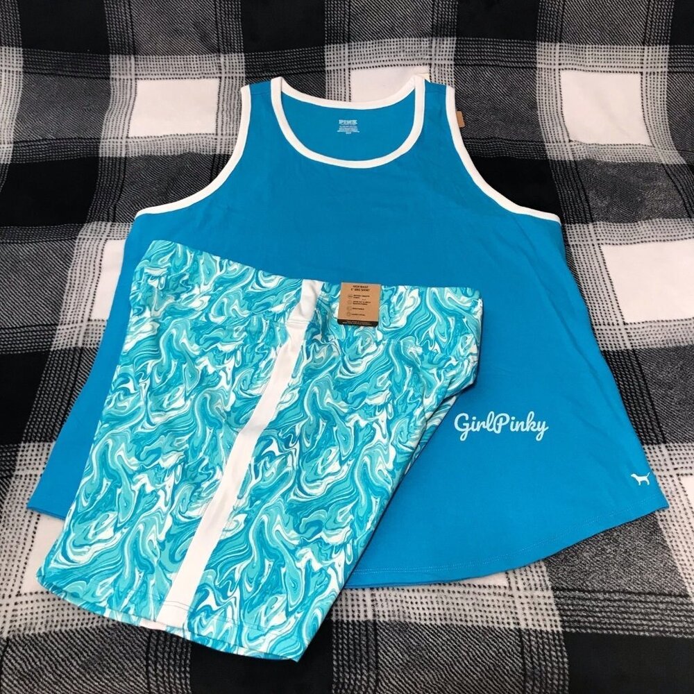 victoria secret PINK shorts outfit with TANK IN AQUA BLUE LARGE-XXL